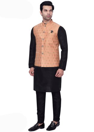 Black Woven Mens Kurta Pajama In Art Silk