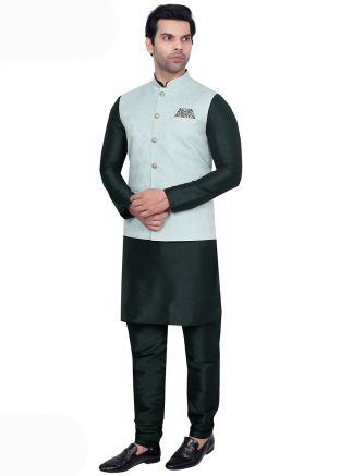 Green Woven Mens Kurta Pajama In Art Silk