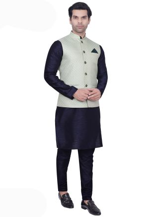 Blue Woven Mens Kurta Pajama In Art Silk