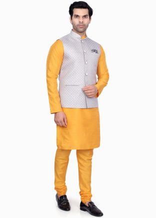 Yellow Woven Kurta Pajama With Nehru Jacket