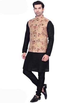 Black Woven Kurta Pajama With Nehru Jacket