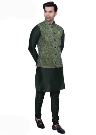 Green Woven Kurta Pajama With Nehru Jacket