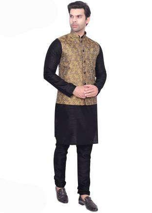 Black Woven Kurta Pajama With Nehru Jacket
