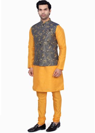 Yellow Woven Kurta Pajama With Nehru Jacket
