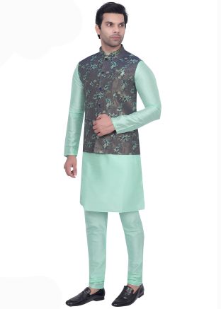 Turquoise Woven Kurta Pajama With Nehru Jacket
