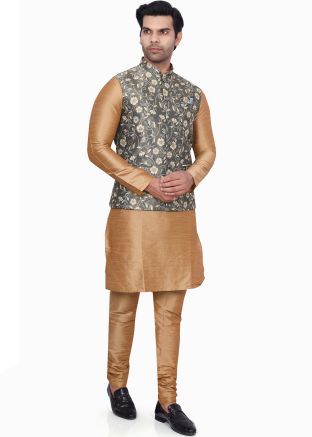 Brown Woven Kurta Pajama With Nehru Jacket