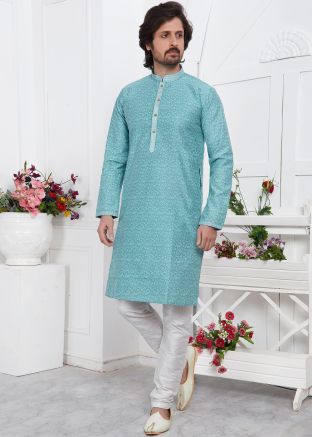 Blue Woven Mens Kurta Pajama In Jacquard