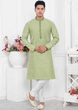 Green Woven Mens Kurta Pajama In Jacquard