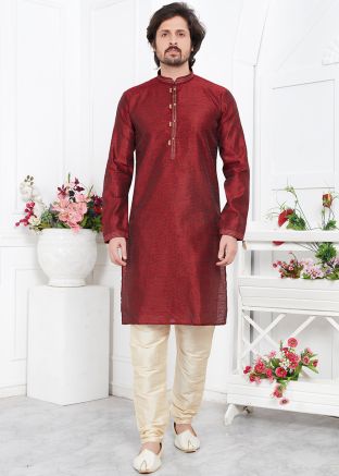 Maroon Woven Mens Kurta Pajama In Jacquard