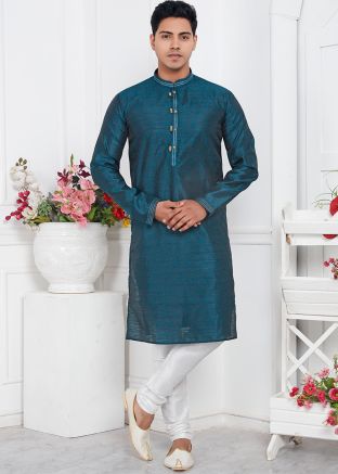 Blue Woven Mens Kurta Pajama In Jacquard