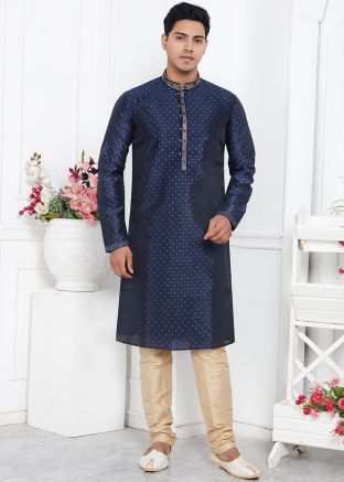 Blue Woven Mens Kurta Pajama In Jacquard