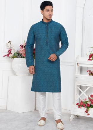 Blue Woven Mens Kurta Pajama In Jacquard