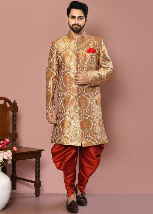 Off White Men Indowestern Woven Dhoti Sherwani