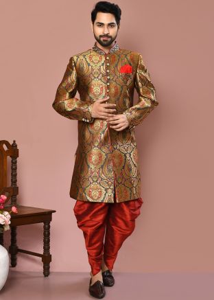 Dark Grey Woven Indowestern Dhoti Sherwani In Banarasi Silk