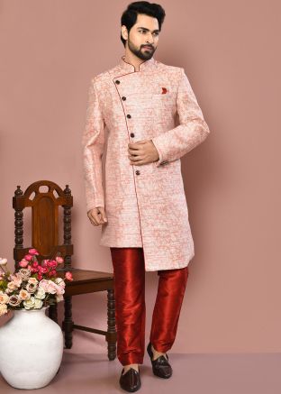 Men Woven Banarasi Silk Indowestern Sherwani In Pink