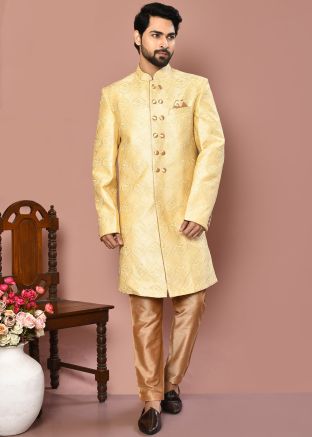 Yellow Men Embroidered Indowestern Sherwani In Banarasi Silk