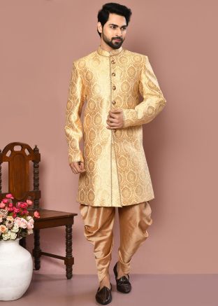 Golden Men Woven Banarasi Silk Indowestern Sherwani With Dhoti