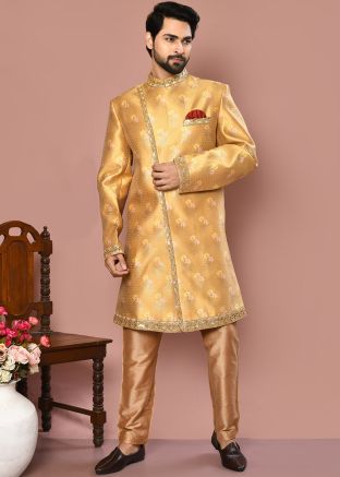 Golden Men Zari Woven Banarasi Silk Indowestern Sherwani Set