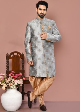 Grey Men Woven Indowestern Dhoti Sherwani In Banarasi Silk