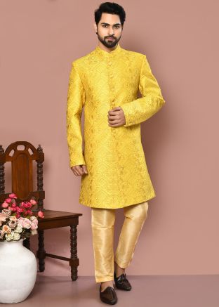 Yellow Men Embroidered Indowestern Banarasi Silk Sherwani 