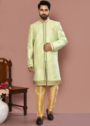 Pastel Green Men Woven Indowestern Dhoti Sherwani In Banarasi Silk