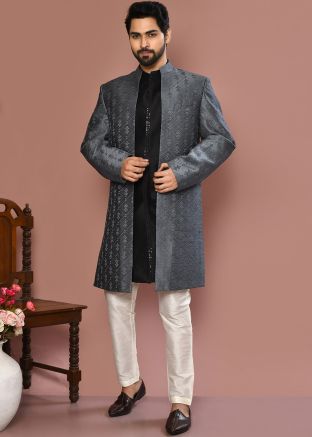 Grey Men Banarasi Silk Indowestern Embroidered Jacket Style Sherwani 