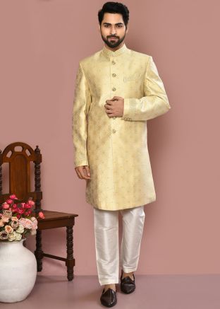 Cream Woven Work Men Indowestern Banarasi Silk Sherwani Set