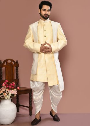Cream Men Jacket Style Indowestern Banarasi Silk Sherwani With Dhoti