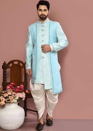 Sky Blue Men Banarasi Silk Indowestern Dhoti Sherwani