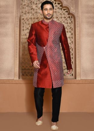 Men Embroidered Indowestern Banarasi Silk Sherwani In Red