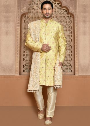 Yellow Men Thread Embroidered Indowestern Banarasi Silk Sherwani 