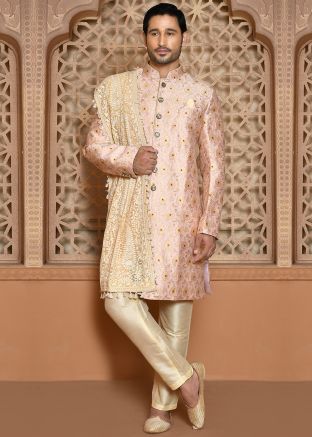 Pastel Pink Men Embroidered Indowestern Sherwani In Banarasi Silk