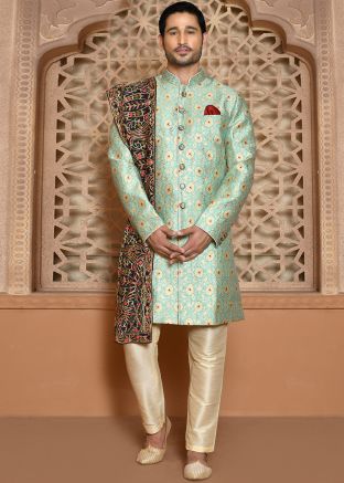 Pastel Green Men Indowestern Sherwani In Thread Embroidery