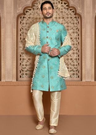 Blue Men Banarasi Silk Thread Embroidered Indowestern Sherwani 
