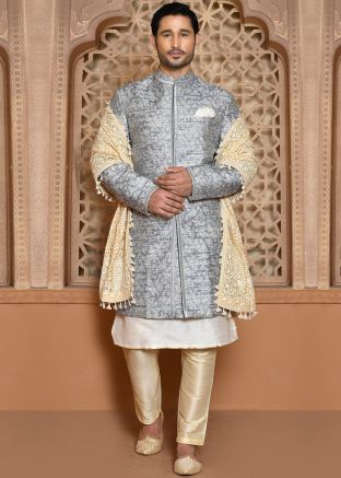 Grey Men Woven Work Indowestern Sherwani In Banarasi Silk