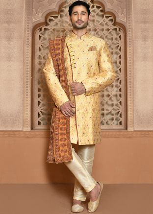 Yellow Men Thread Embroidered Indowestern Banarasi Silk Sherwani 