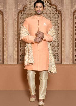 Peach Men Plain Mens Indowestern Sherwani In Banarasi Silk