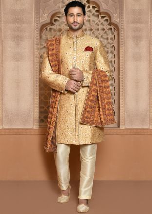 Golden Men Banarasi Silk Indowestern Sherwani In Woven Work