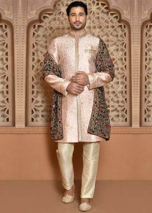 Men Woven Banarasi Silk Indowestern Sherwani In Pastel Pink