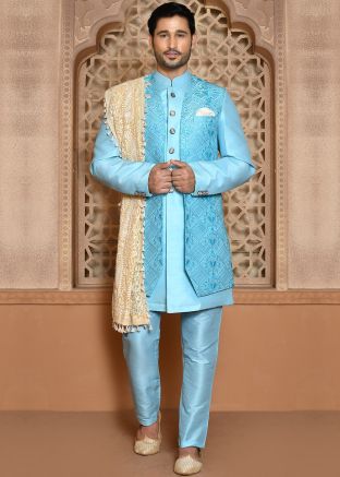 Sky Blue Men Banarasi Silk Indowestern Sherwani In Jacket Style