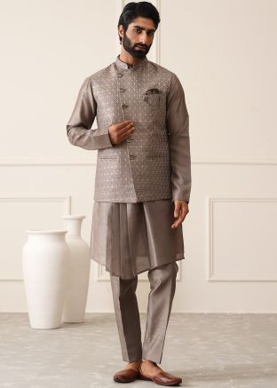 Grey Embroidered Kurta Pajama With Nehru Jacket