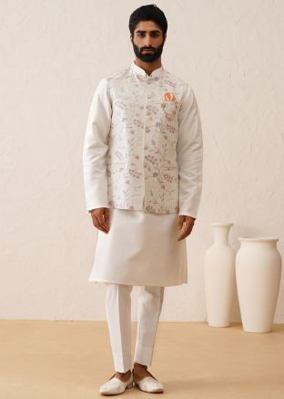 White Embroidered Kurta Pajama With Nehru Jacket