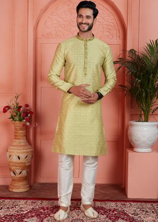 Readymade Jacquard Mens Woven Kurta Pajama In Yellow
