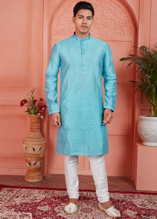 Blue Woven Readymade Jacquard Mens Kurta Pajama Set