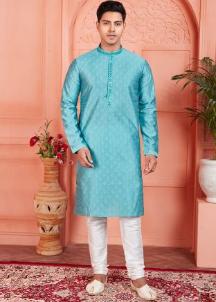Sky Blue Woven Readymade Jacquard Mens Kurta Pajama