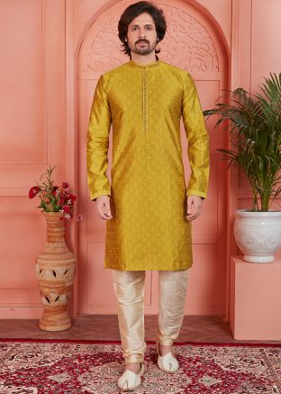 Mustard Yellow Readymade Mens Kurta Pajama In Woven Work