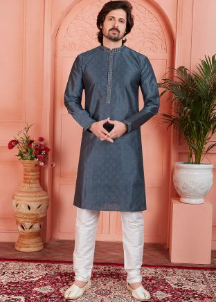 Readymade Jacquard Mens Woven Kurta Pajama In Dark Grey
