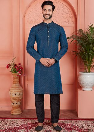 Dark Blue Woven Readymade Mens Kurta Pajama In Jacquard 