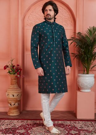 Green Woven Readymade Jacquard Mens Kurta Pajama