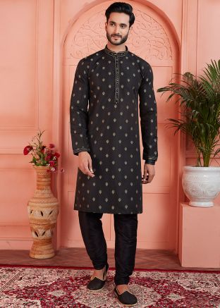 Black Woven Readymade Jacquard Mens Kurta Pajama Set